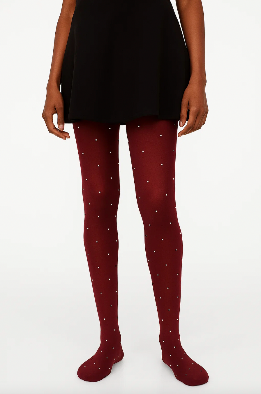 Burgundy Pearl Dots Tights